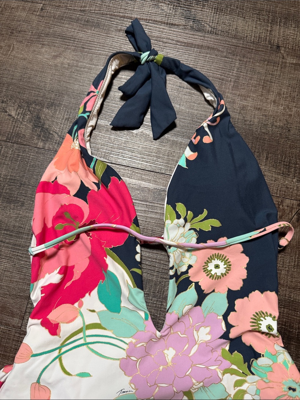Trina Turk Navy White Pink Coral Floral Halter One-Piece Swimsuit - Picture 2 of 7